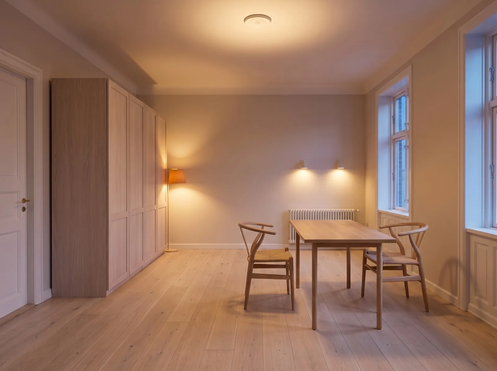 A dining room designed by AuraHome in evening light