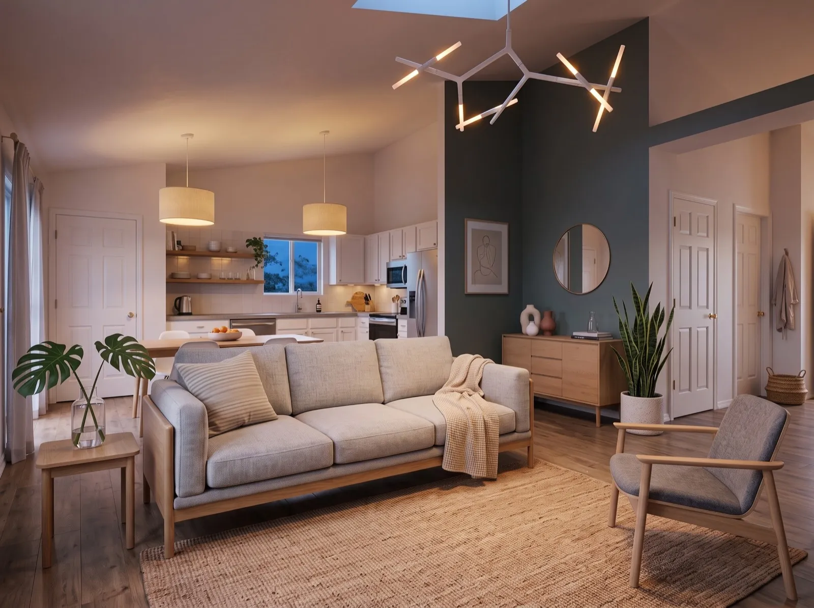 The same Scandinavian living room in evening light
